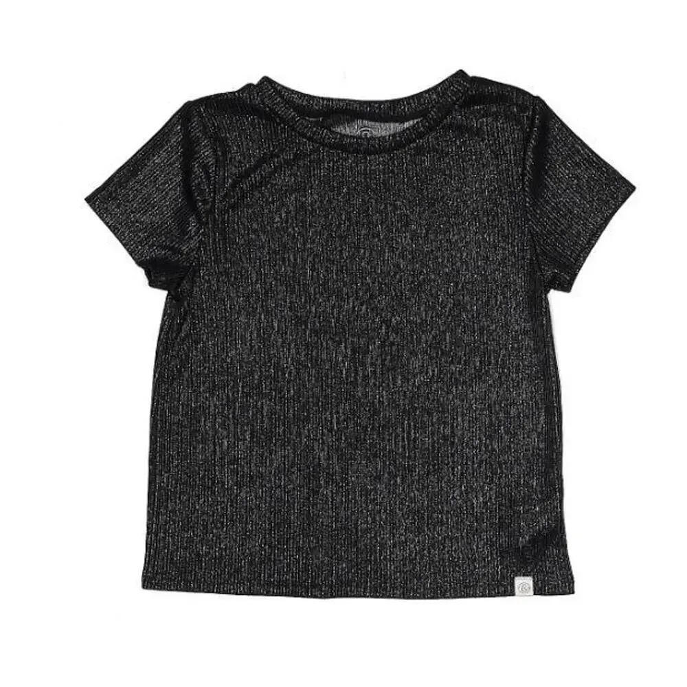 Treasure & Bond Girls Short Sleeve Ribbed Shimmer Tee in Black XL (14/16)